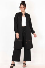 Plus - Size Jacket With Leopard Trim And Front Zipper — Black