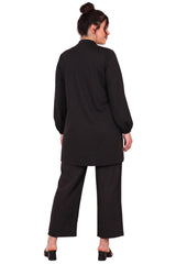 Plus - Size Jacket With Leopard Trim And Front Zipper — Black