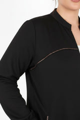 Plus - Size Jacket With Leopard Trim And Front Zipper — Black