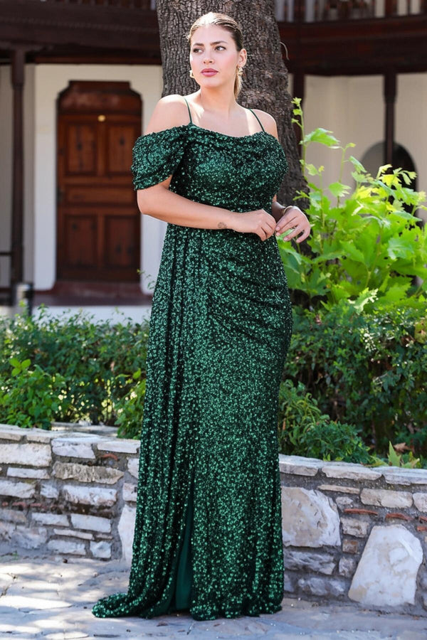 Plus - Size Off - Shoulder Sequin Maxi Dress - Emerald