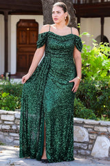 Plus - Size Off - Shoulder Sequin Maxi Dress - Emerald