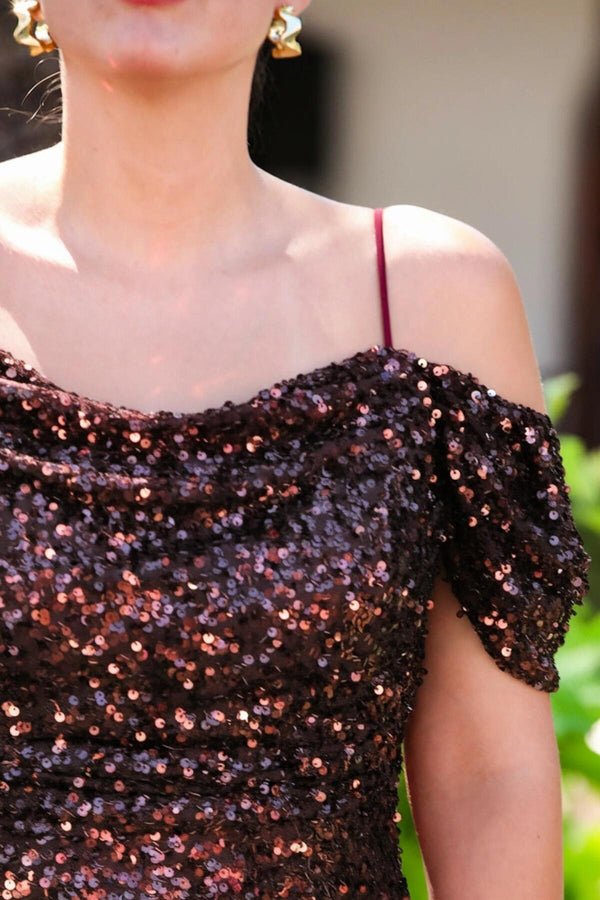 Plus - Size Off - Shoulder Sequin Maxi Dress - Brown