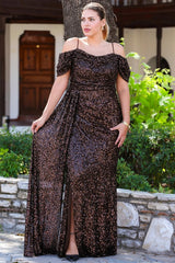 Plus - Size Off - Shoulder Sequin Maxi Dress - Brown