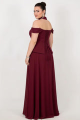 Plus - Size Crêpe Avondjurk Met Tule Rok En Sjaaldetail – Bordeaux
