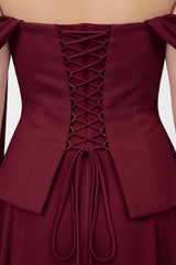 Plus - Size Crêpe Avondjurk Met Tule Rok En Sjaaldetail – Bordeaux