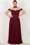 Plus - Size Crêpe Avondjurk Met Tule Rok En Sjaaldetail – Bordeaux