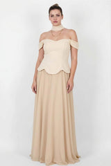 Plus‑Size Krepe Avondjurk Met Sjaal En Tule Rok — Beige