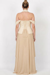 Plus‑Size Krepe Avondjurk Met Sjaal En Tule Rok — Beige