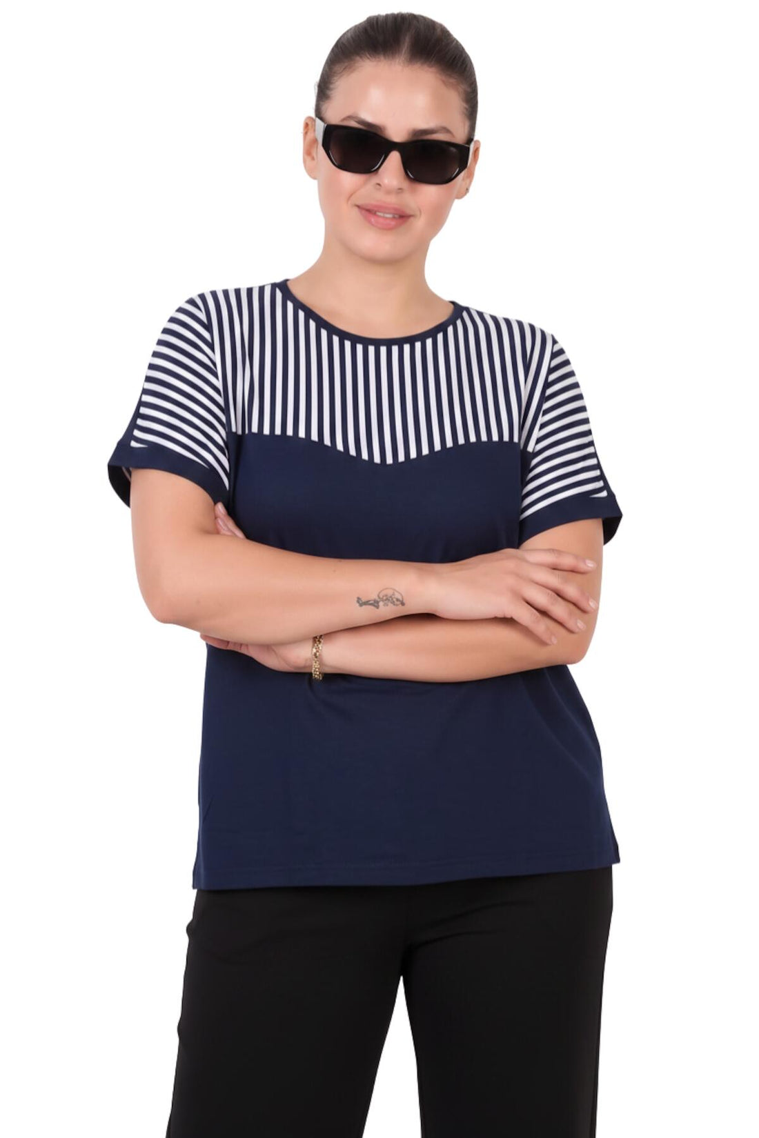 Gestreifte Bluse Mit Seitenschlitzen – Marineblau