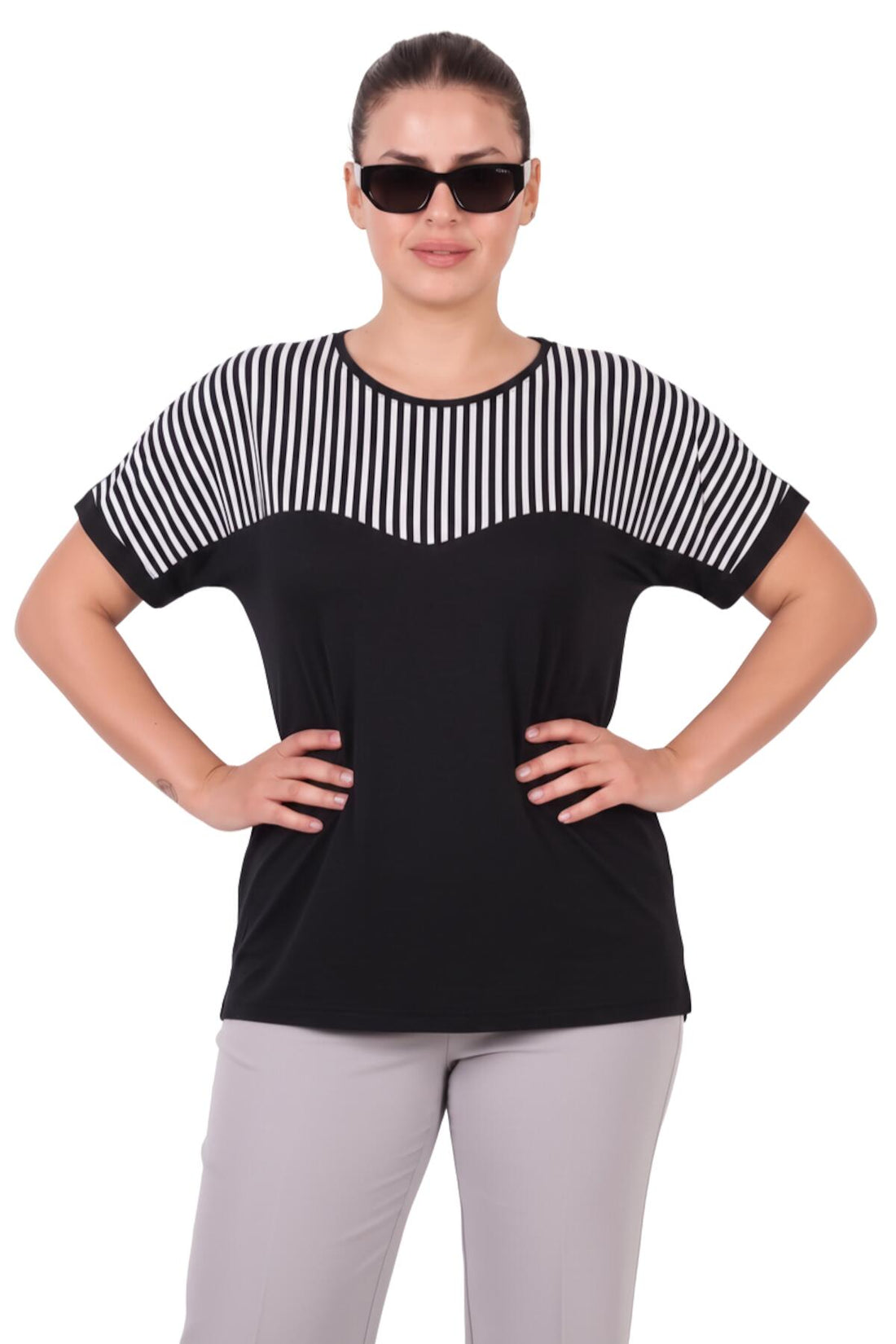 Gestreepte Blouse Met Zijsplitten, Zwart