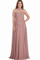 Dusty Rose Crêpe Avondjurk Met Tule Rok En Sjaaldetail