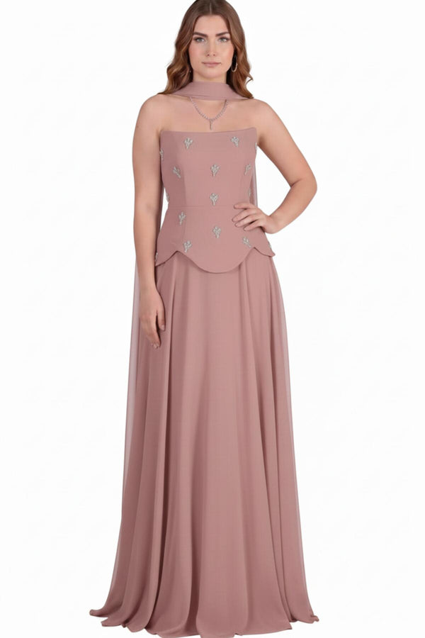 Dusty Rose Crêpe Avondjurk Met Tule Rok En Sjaaldetail