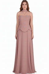 Dusty Rose Crêpe Avondjurk Met Tule Rok En Sjaaldetail