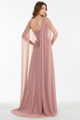 Dusty Rose Crêpe Avondjurk Met Tule Rok En Sjaaldetail