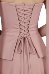 Dusty Rose Crêpe Avondjurk Met Tule Rok En Sjaaldetail