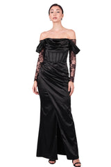 Off - Shoulder Avondjurk Met Kanten Mouwen En Borstdetail – Zwart