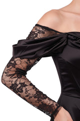 Off - Shoulder Avondjurk Met Kanten Mouwen En Borstdetail – Zwart