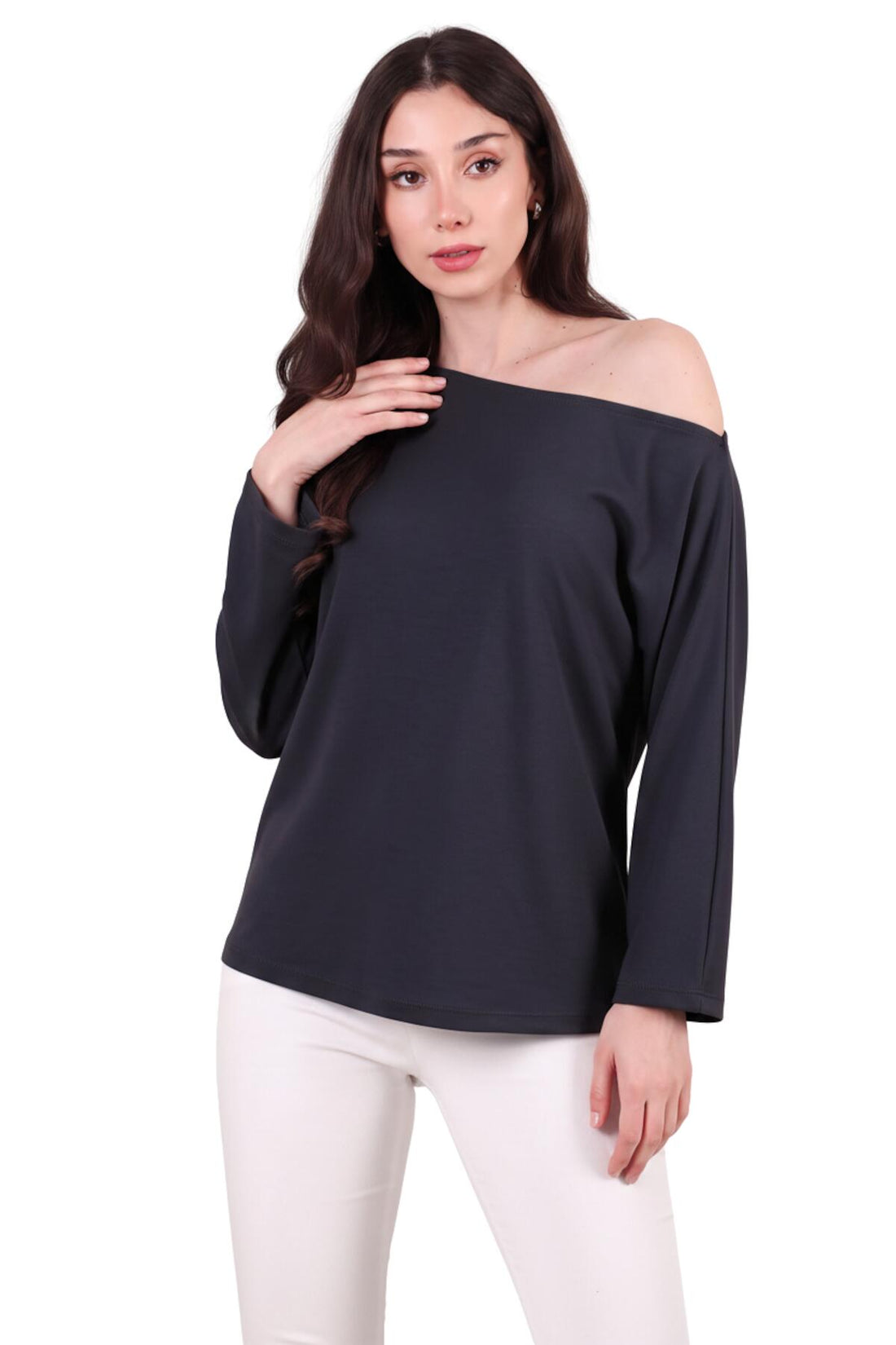Oversized Blouse Met Lage Schouderlijn – Antraciet
