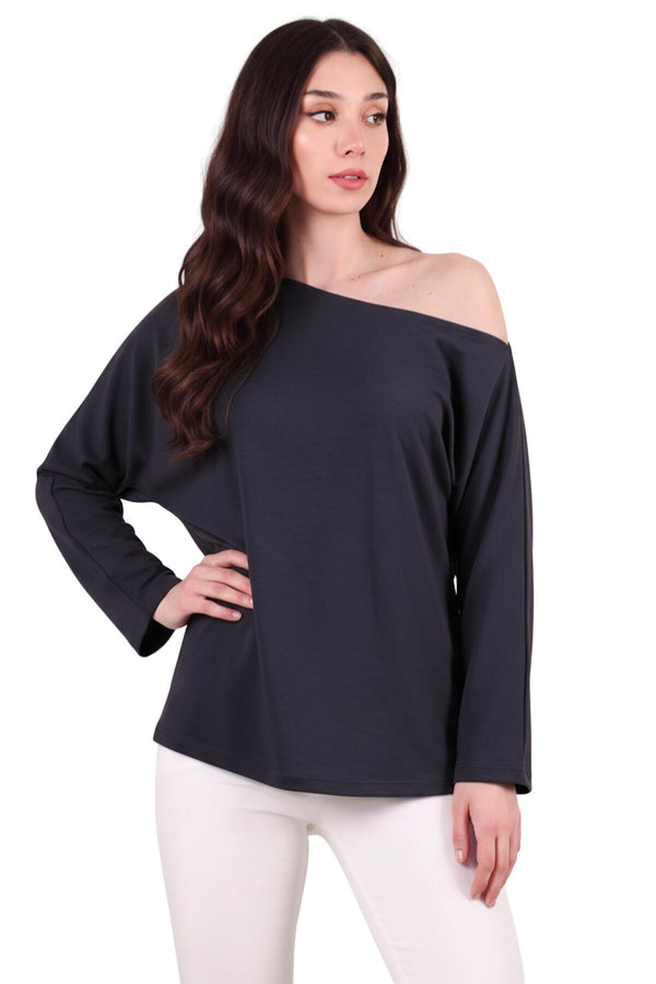 Oversized Blouse Met Lage Schouderlijn – Antraciet