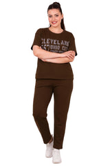Plus - Size Printed Short - Sleeve Two - Piece Set — Brown