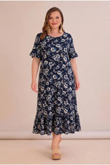 Jurk Met Dessin In Grote Maten Met Ruches Aan De Zoom – Multicolor