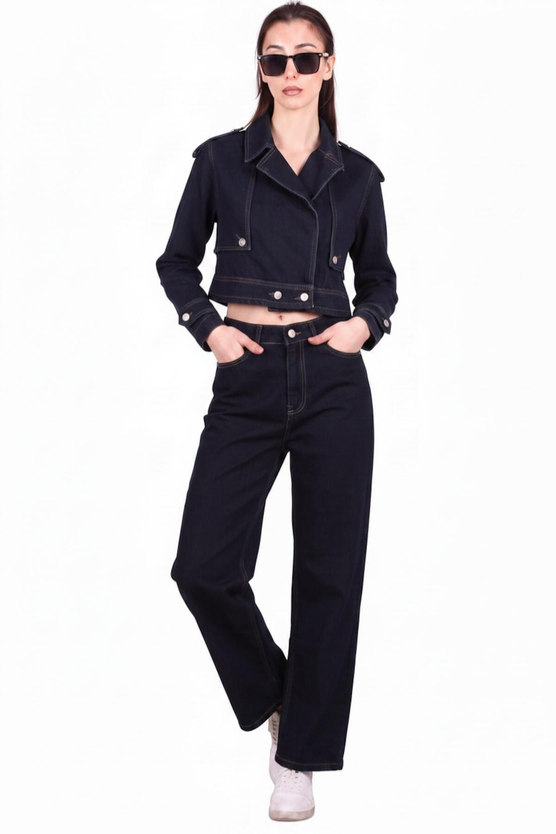 Dames Denim Set Met Knopdetail Çimalı Marineblauw