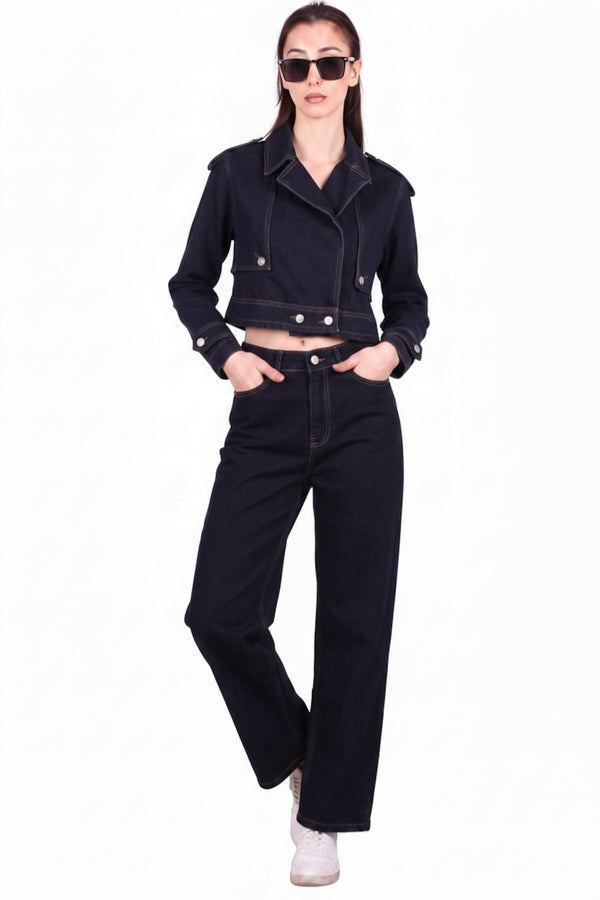 Dames Denim Set Met Knopdetail Çimalı Marineblauw