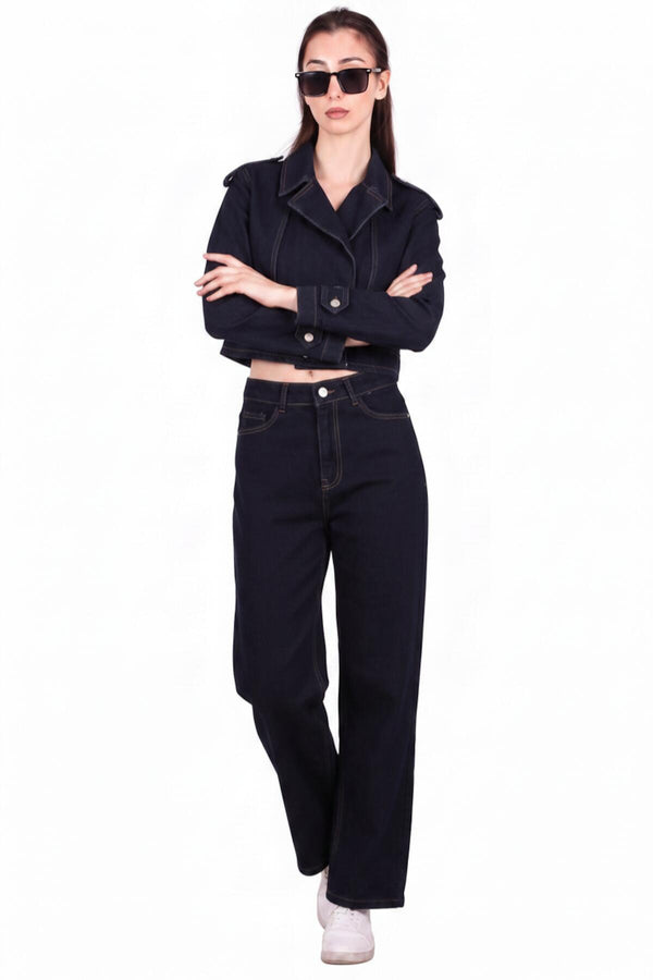 Dames Denim Set Met Knopdetail Çimalı Marineblauw