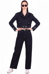 Dames Denim Set Met Knopdetail Çimalı Marineblauw