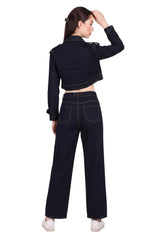 Dames Denim Set Met Knopdetail Çimalı Marineblauw