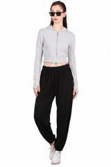 Cropped Capuchonvest Met Rits En Duimgaten — Gemêleerd Grijs