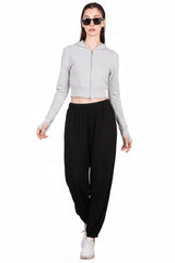 Cropped Capuchonvest Met Rits En Duimgaten — Gemêleerd Grijs