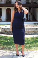 Plus - Size Mouwloze Navy Galajurk Met Bloemenbrosje In De Taille