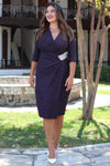 Plus‑Size Paarse Midi‑Jurk Met Stenenversiering In De Taille En 3/4‑Mouwen