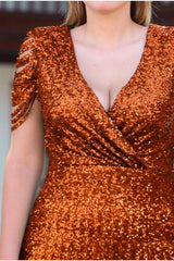 Plus - Size Korte Paillettenjurk Met Laser Gesneden Mouw – Oranje