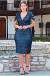 Plusmaat Korte Jurk Met Laser Gesneden Paillettenmouwen — Royal Blue