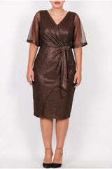 Plus‑Size Midi‑Jurk Met Tulemouwen En Taillering — Bruin