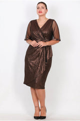 Plus‑Size Midi‑Jurk Met Tulemouwen En Taillering — Bruin