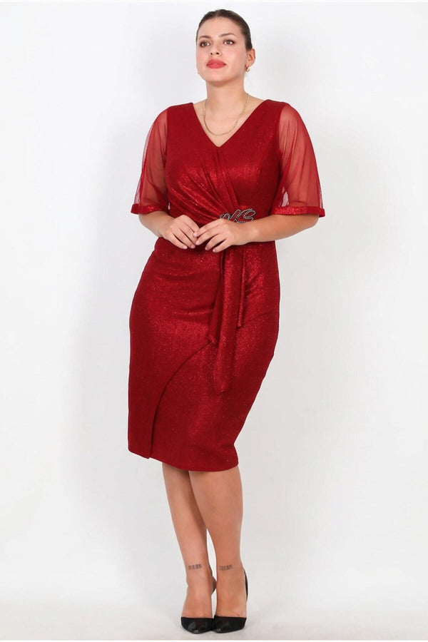 Midi - Avondjurk In Grote Maat Met Tulemouwen En Taille - Detail — Rood
