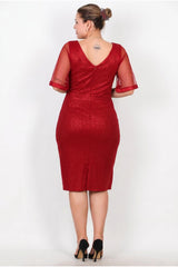 Midi - Abendkleid In Großen Größen Mit Tüllärmeln Und Taillendetail – Rot