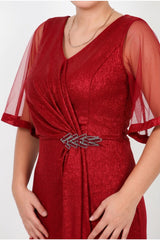 Midi - Abendkleid In Großen Größen Mit Tüllärmeln Und Taillendetail – Rot