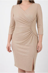 Abendkleid In Großen Größen Mit Taillendetail, Halbarm — Beige