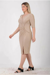 Abendkleid In Großen Größen Mit Taillendetail, Halbarm — Beige
