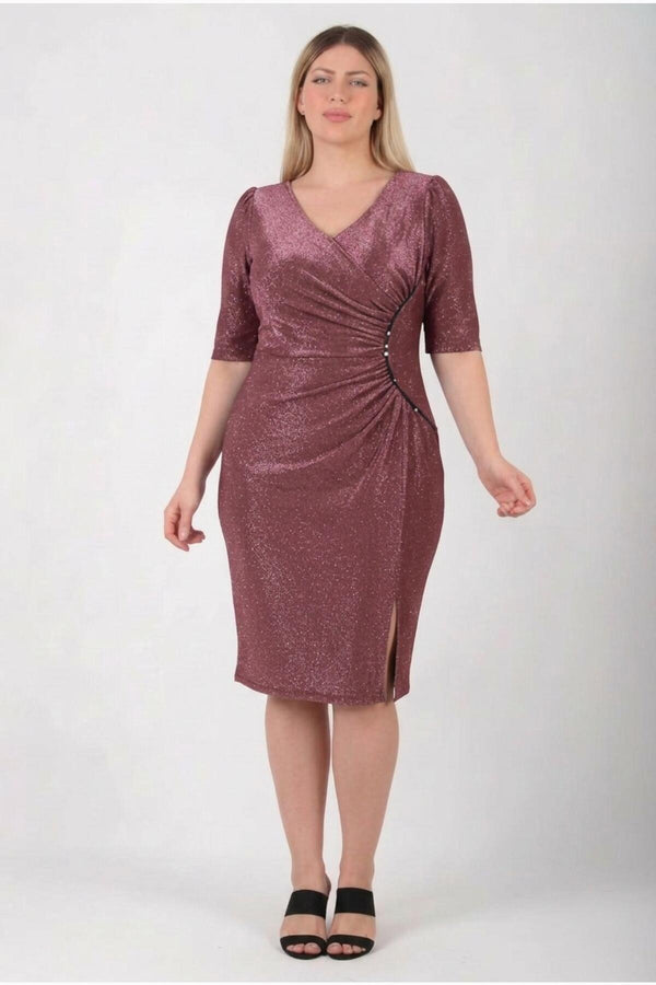 Plus - Size Waist - Detail Half - Sleeve Evening Dress — Dusty Rose