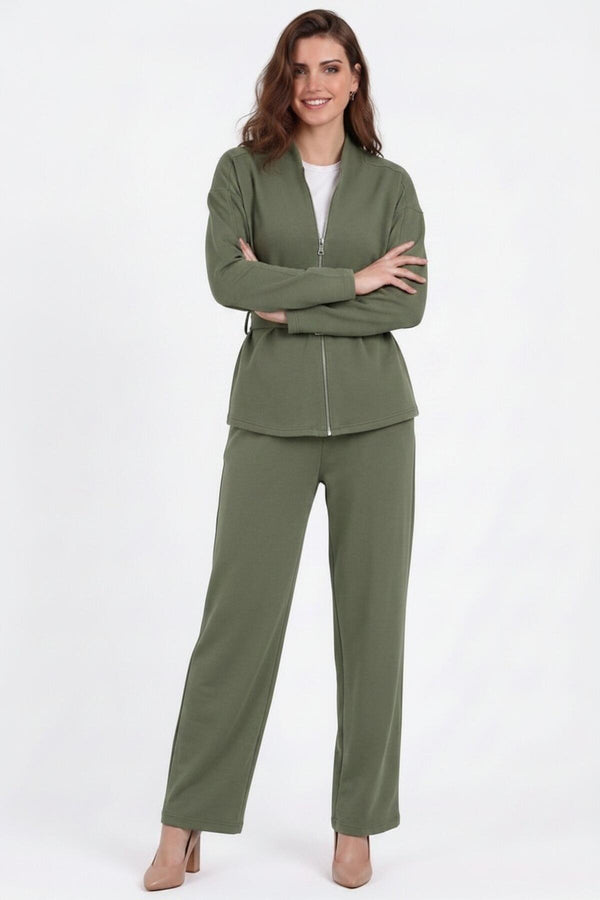 Tweedelig Joggingpak Met Rits Voor En Ceintuur – Khaki