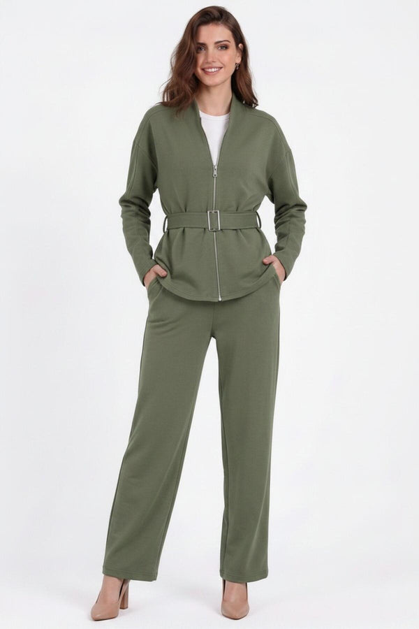 Tweedelig Joggingpak Met Rits Voor En Ceintuur – Khaki