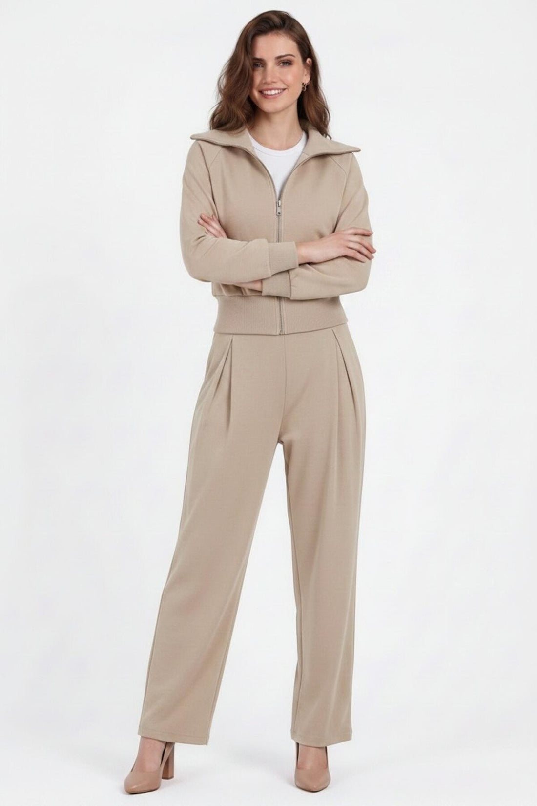 Tweedelige Set Met Korte Zip - Top – Zand