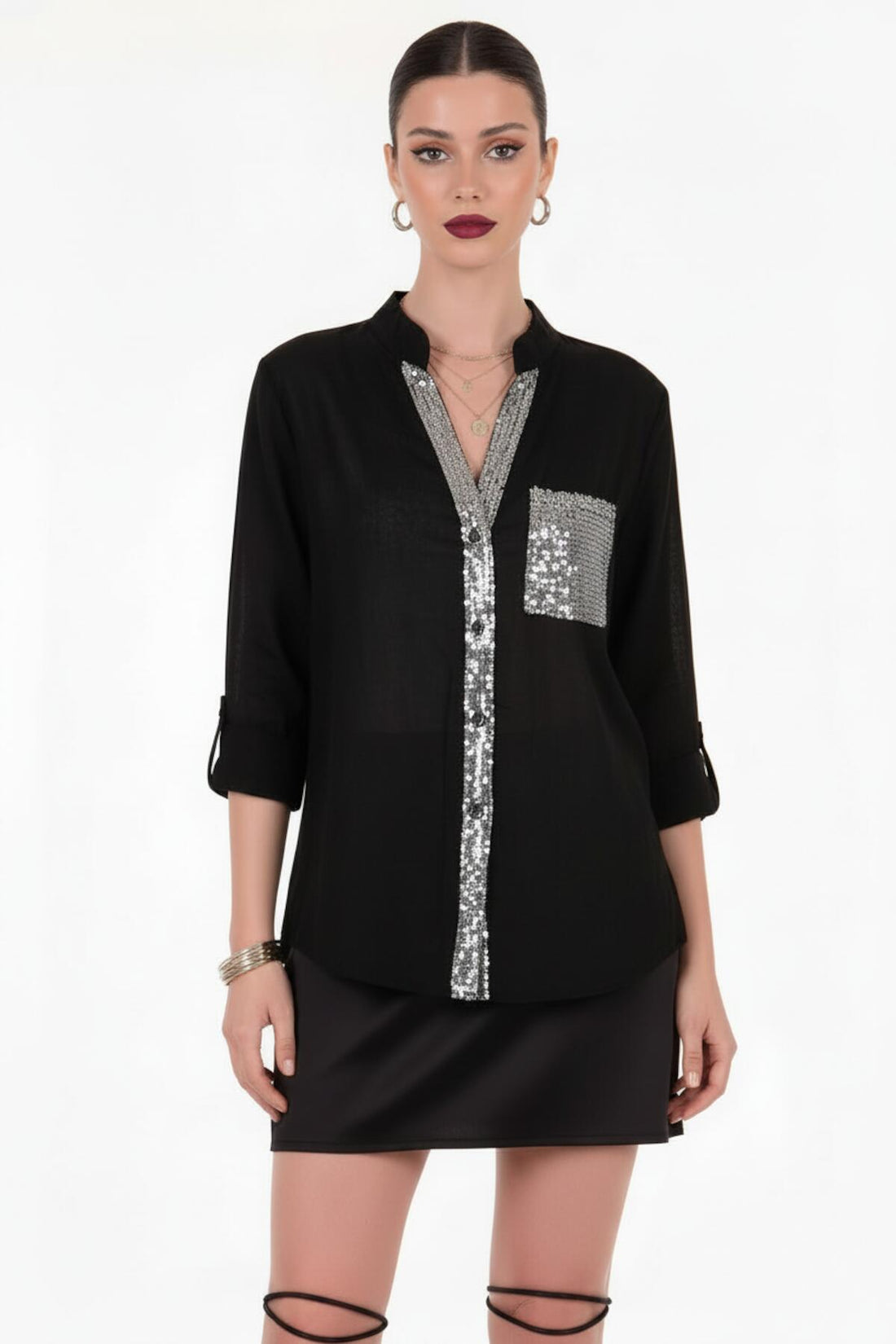 Leinenbluse Mit Pailletten – Schwarz