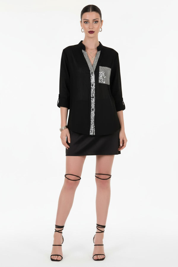Linnenblouse Met Pailletten – Zwart