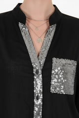 Leinenbluse Mit Pailletten – Schwarz